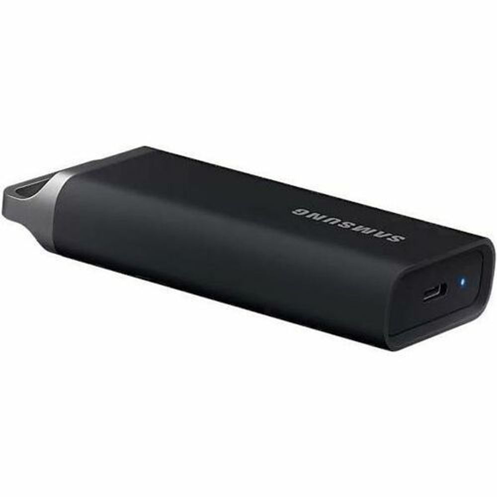 Black Samsung T5 EVO portable SSD side view with USB port