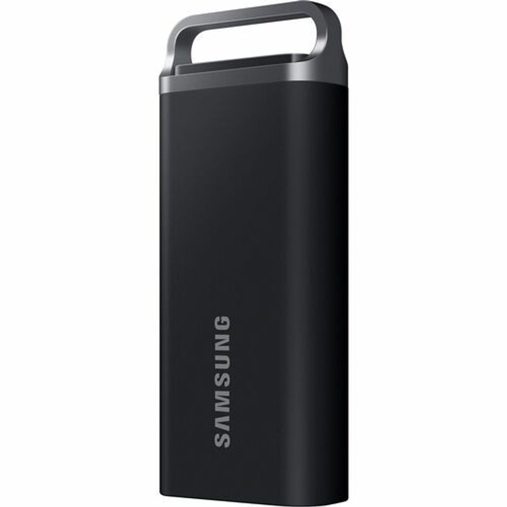 Black Samsung T5 EVO portable SSD side view with handle and smooth casing.