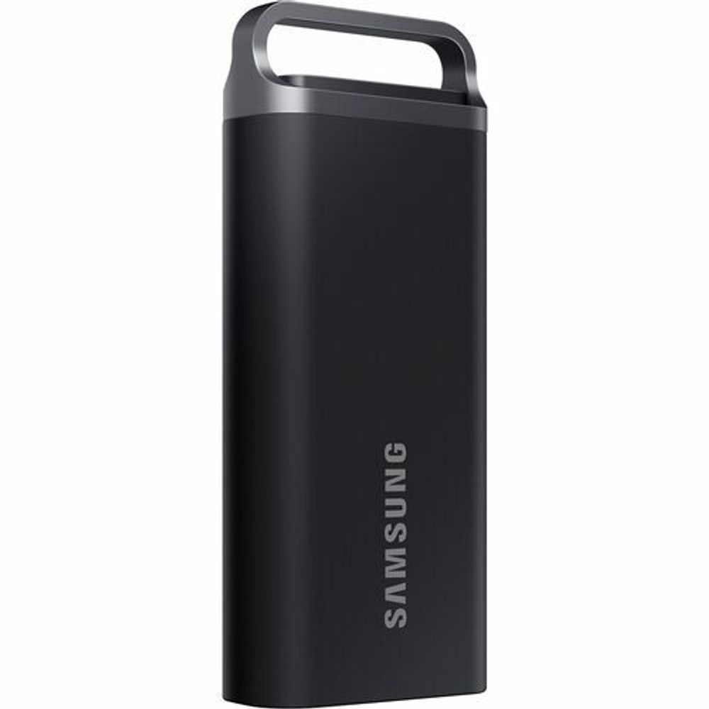 Black Samsung T5 EVO portable SSD back view with vertical Samsung logo.