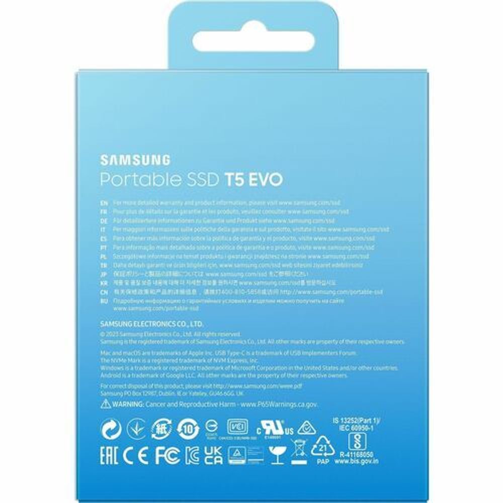 Samsung T5 EVO 2TB portable SSD retail box back with product icons and specs