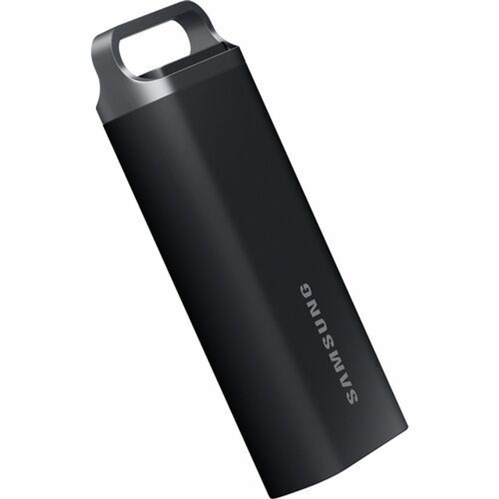 Black Samsung T5 EVO portable SSD angled view with handle cutout.
