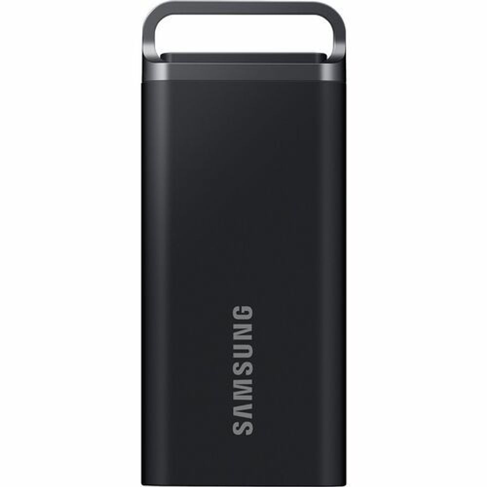 Black Samsung T5 EVO portable SSD front view with top handle.