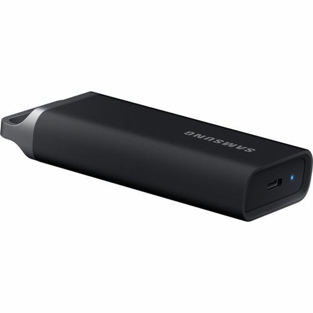 Black Samsung T5 EVO portable SSD close-up of USB-C port on end.