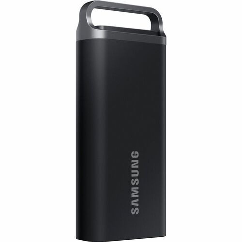 Black portable SSD with handle and Samsung logo, side/back view