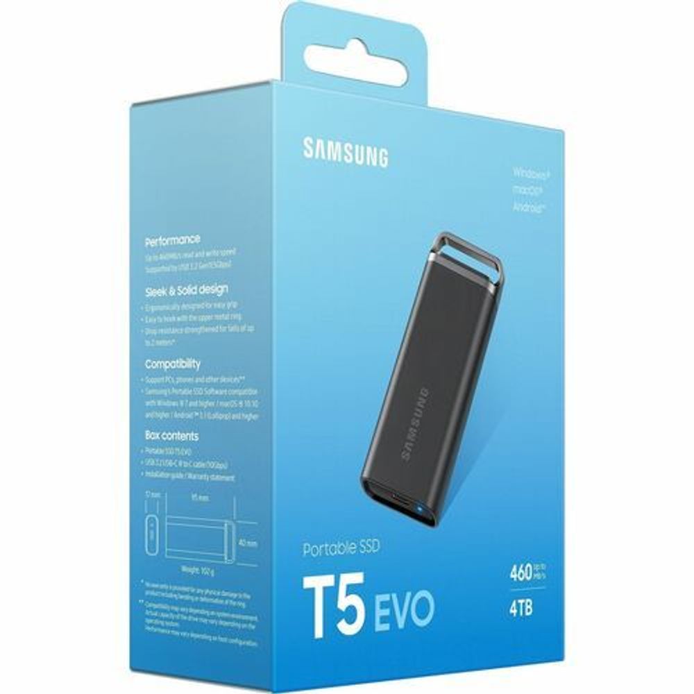 Samsung T5 EVO portable SSD 4TB retail box, blue with drive photo and details