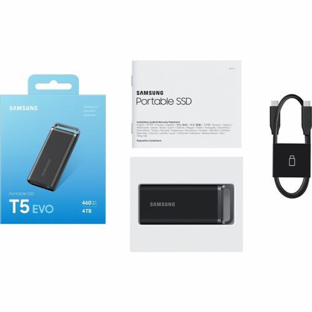 Samsung T5 EVO 4TB portable SSD retail packaging with drive and cable/cord