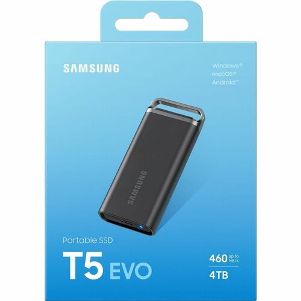 T5 EVO 4TB portable SSD retail box with device photo and Windows/Mac/Android icons