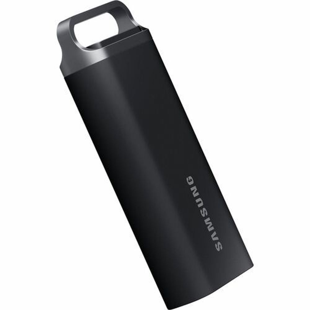 Black portable rugged SSD drive with carry loop, angled view