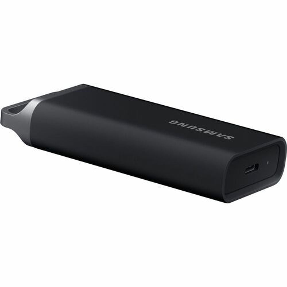 Black rugged portable SSD with handle and visible USB-C port on end