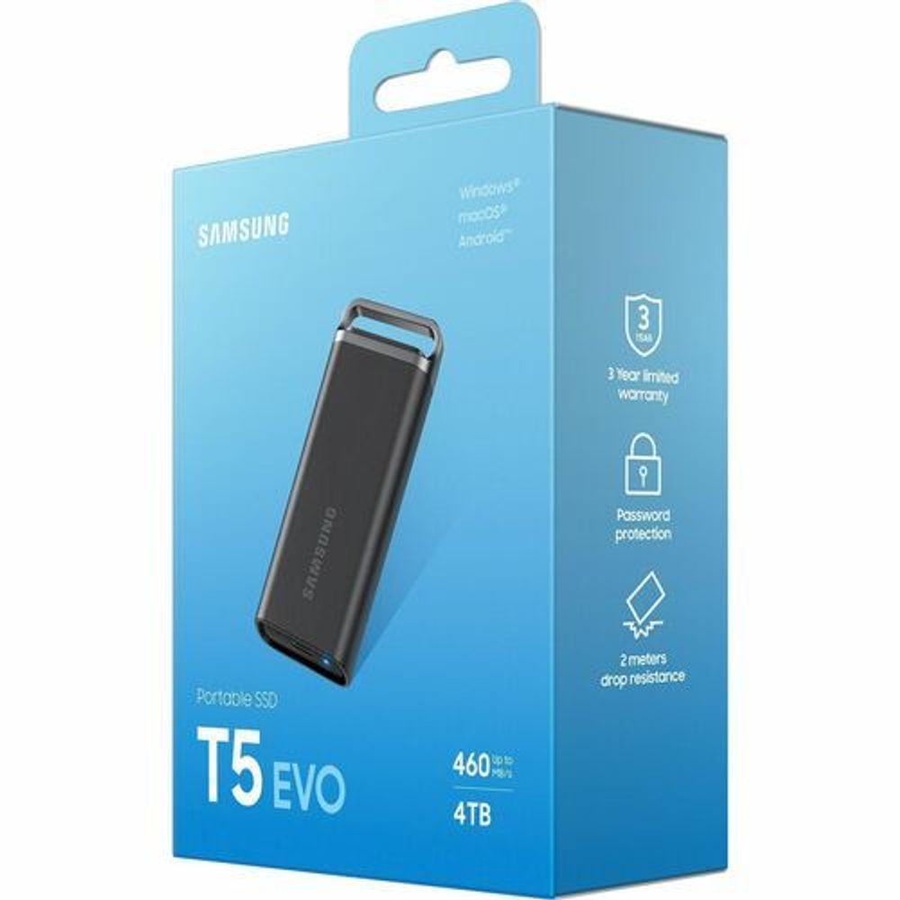 Samsung portable SSD T5 EVO 4TB box, blue package with product image