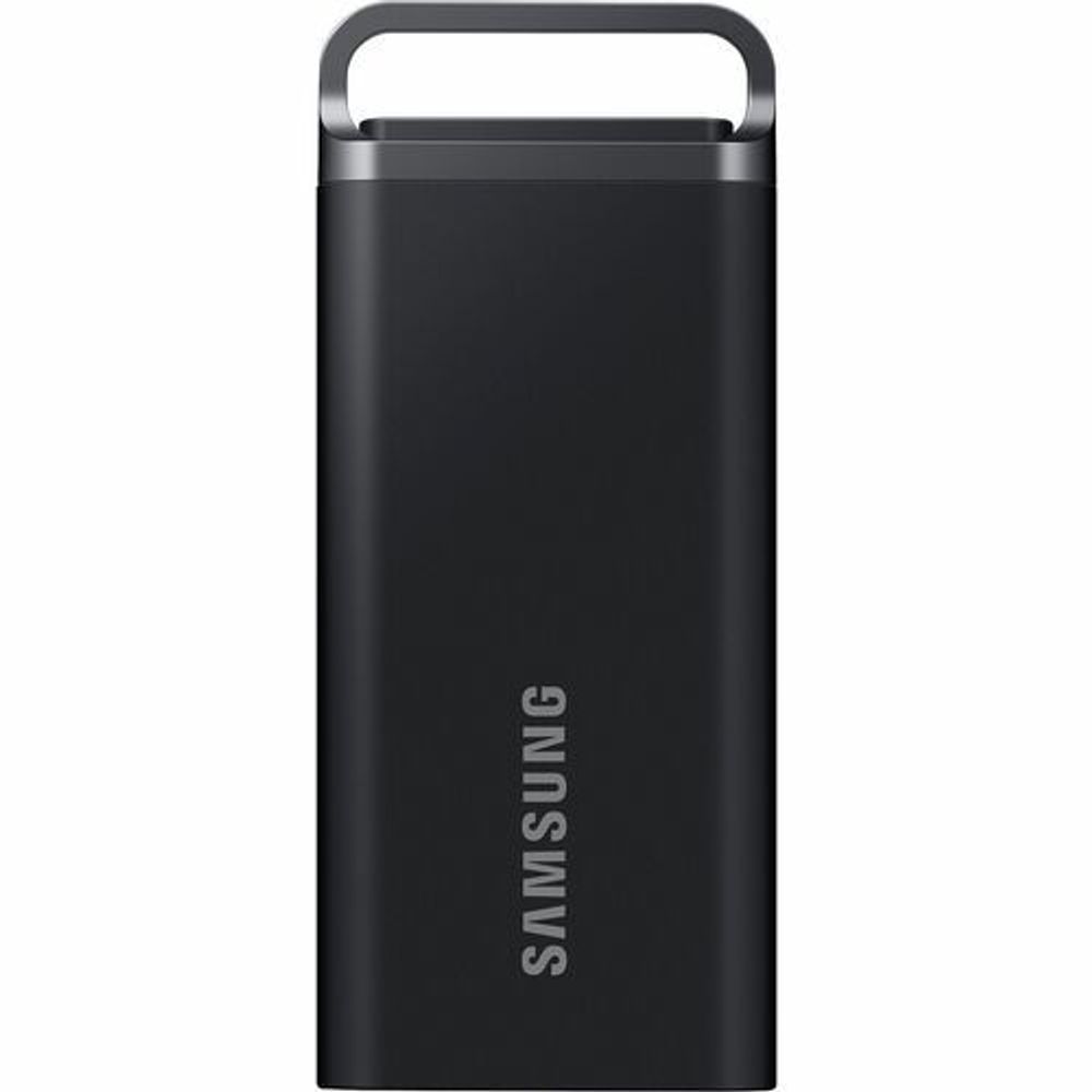 Black portable SSD with top handle and Samsung logo on front