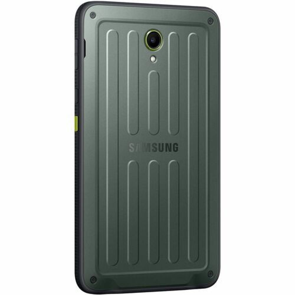 Samsung rugged tablet back, textured gray-green case with rear camera