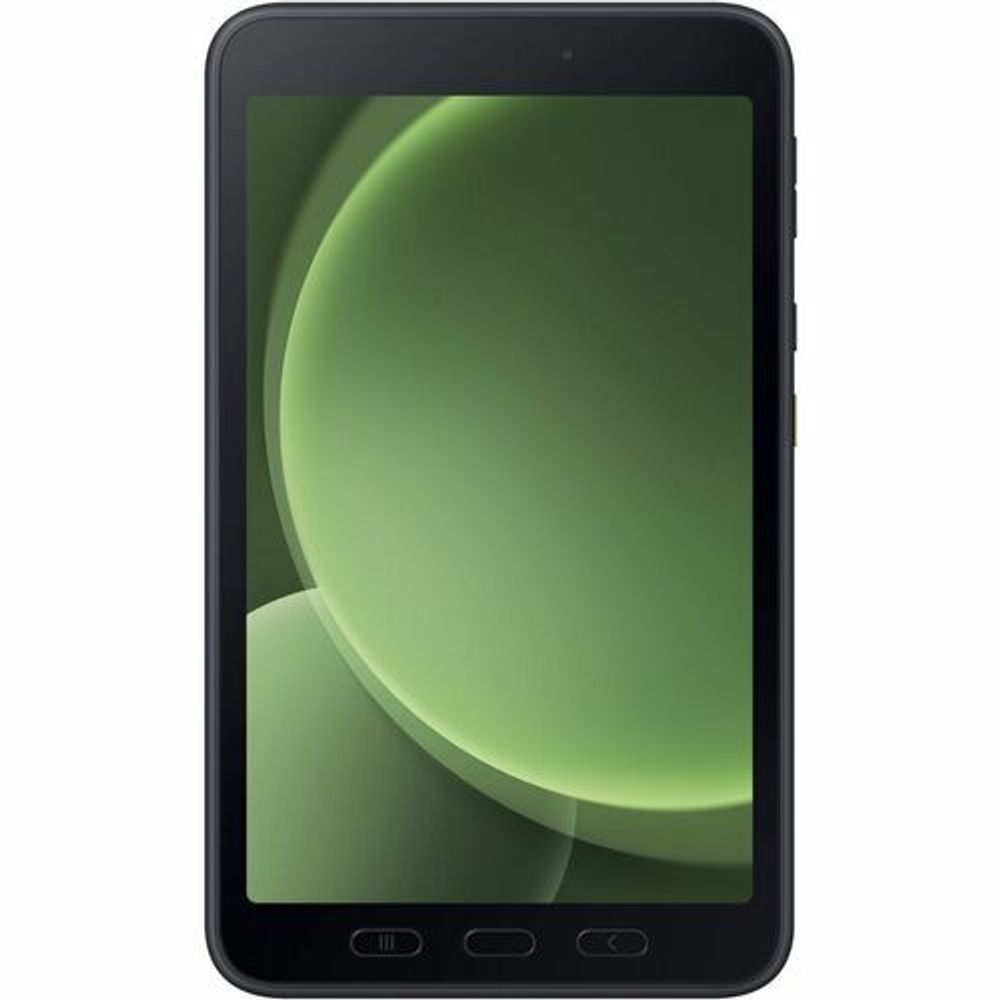 Rugged tablet with green circular wallpaper and front bezel buttons