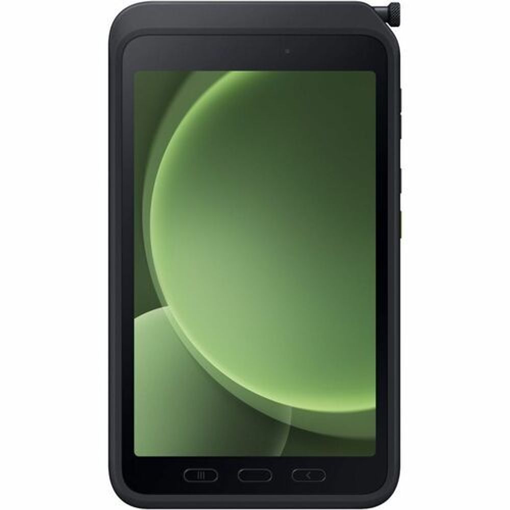 Samsung rugged tablet, black bezel with top attachment, green screen front