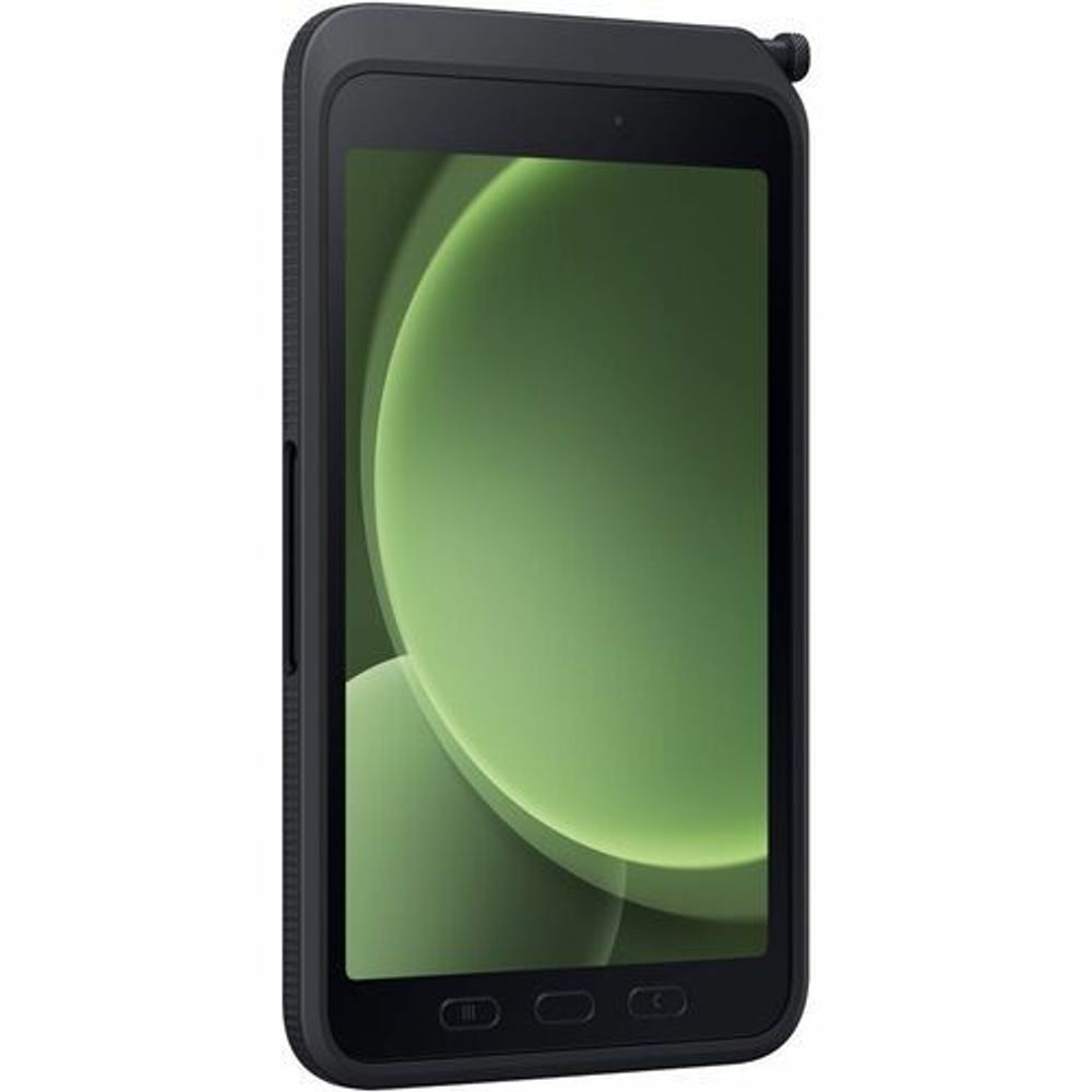 Samsung rugged tablet, side view showing thick bezel and green screen