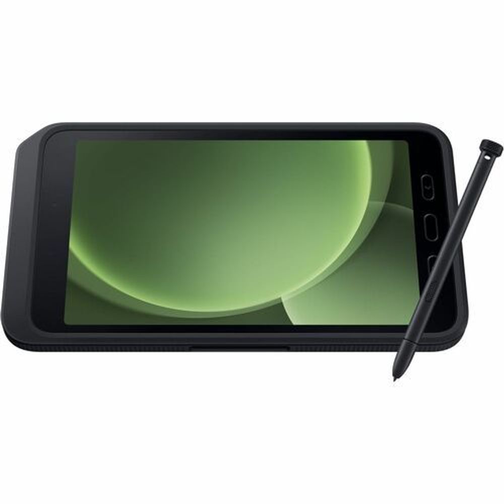 Rugged 8" tablet with black bezel and stylus, front display on