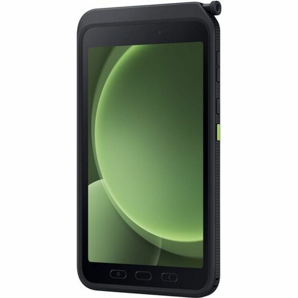 Samsung rugged tablet, front angled view, rugged frame and green display