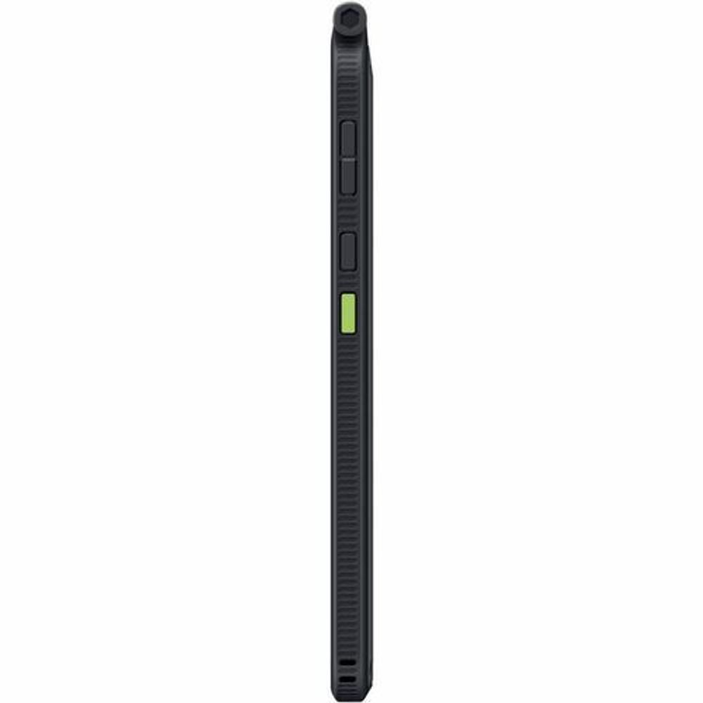 Samsung rugged tablet side profile, thick protective bumper with green indicator