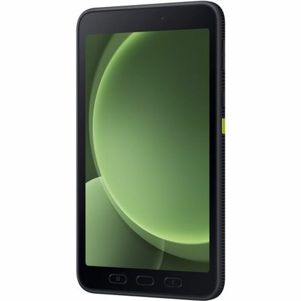 Rugged tablet with green wallpaper, front glass, and side bezel
