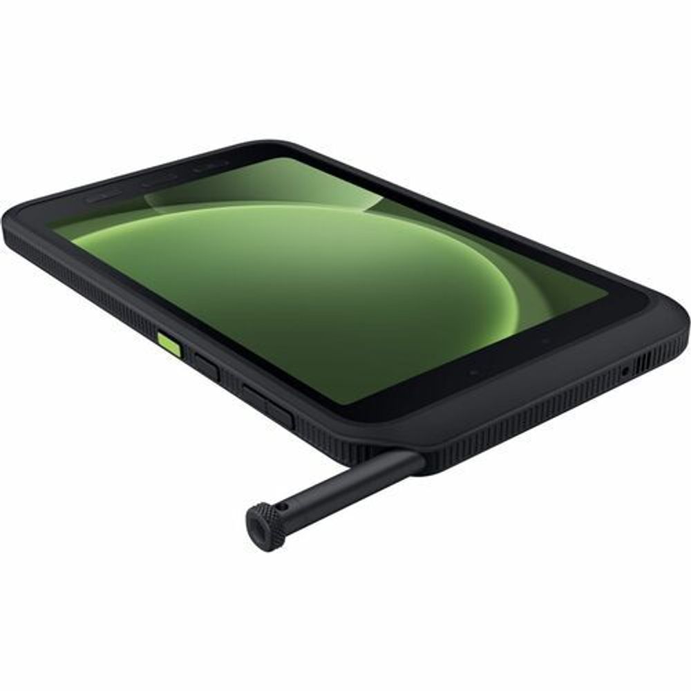 Rugged 8" tablet angled view with stylus and side buttons/ports