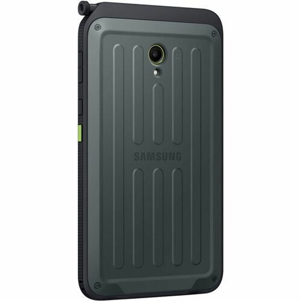 Samsung rugged tablet back, green-gray rugged case with camera and side ports