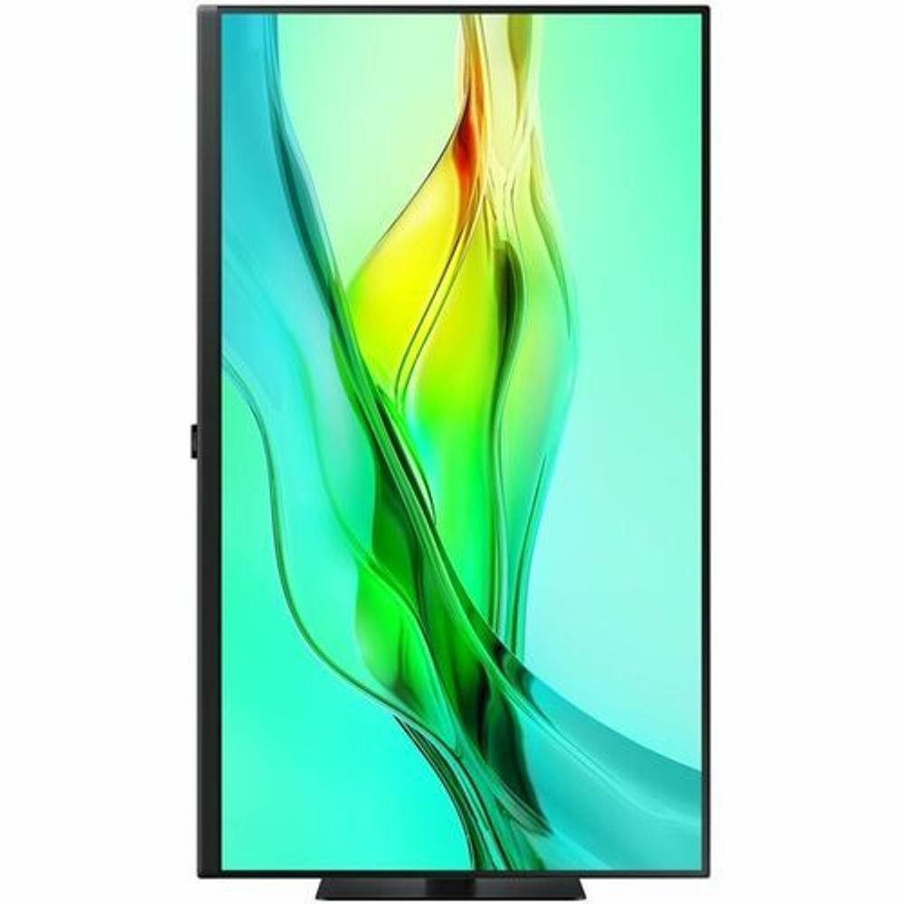 Black 32-inch ViewFinity S6 monitor with front display featuring colorful abstract waves.