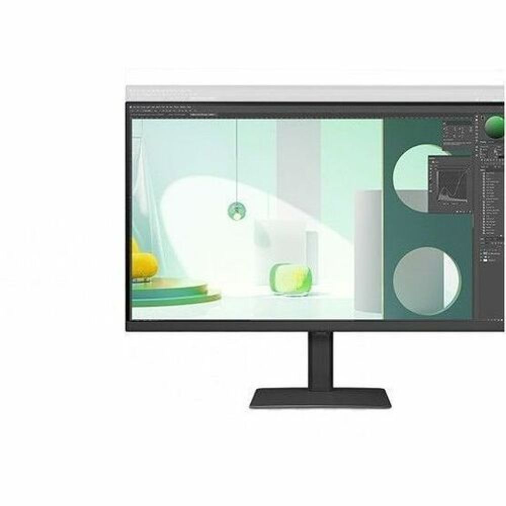 Black computer monitor with slim stand displaying light interface graphics