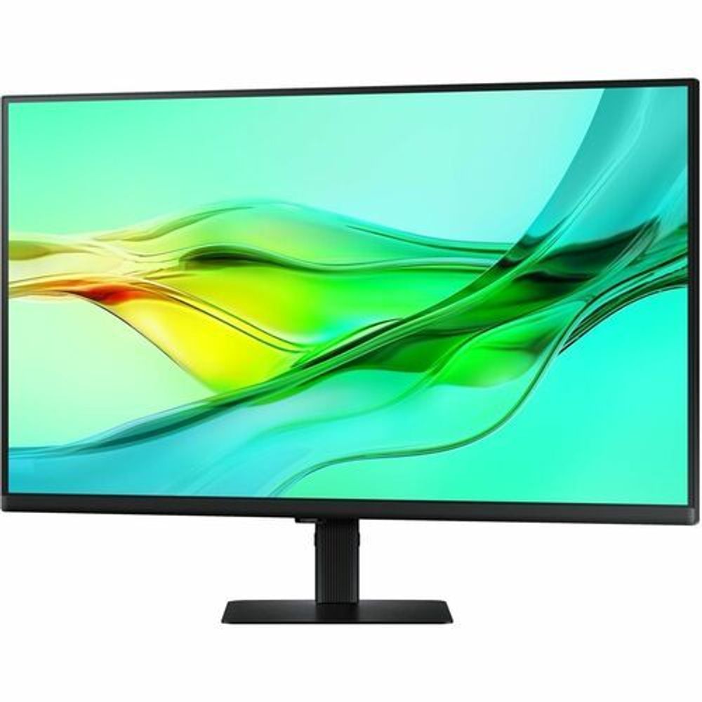 32-inch flat-panel monitor on black stand, screen showing vivid green and blue waves.