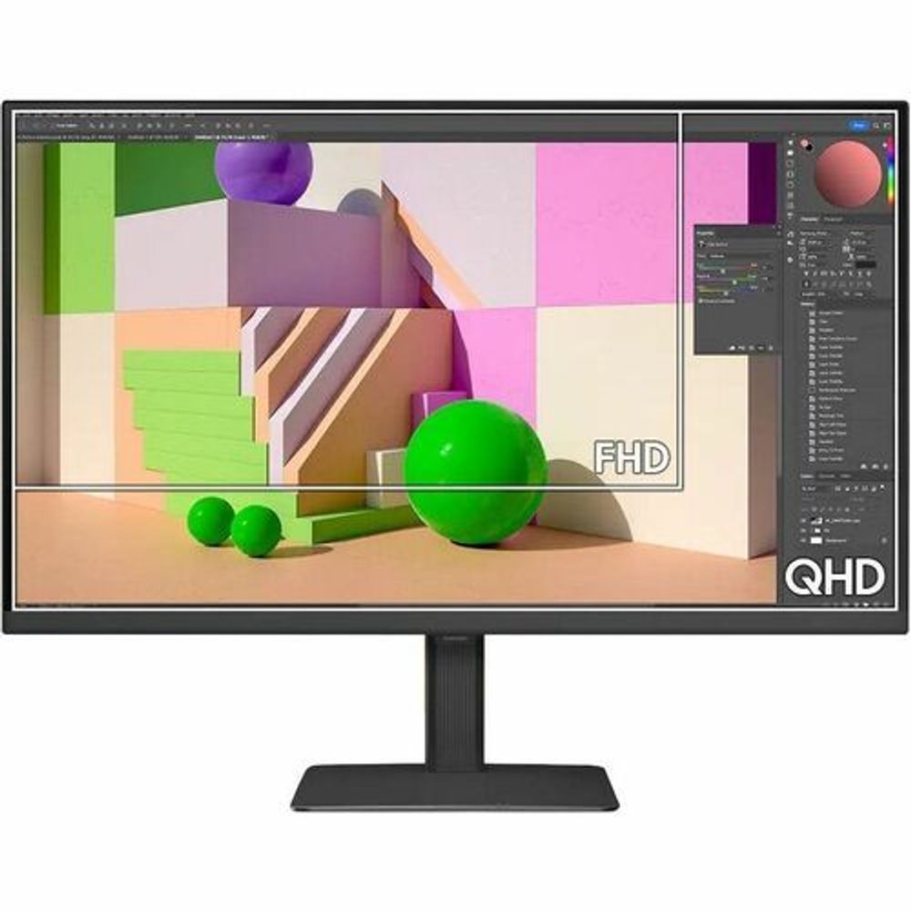 32-inch ViewFinity S6 QHD monitor with colorful abstract design on screen
