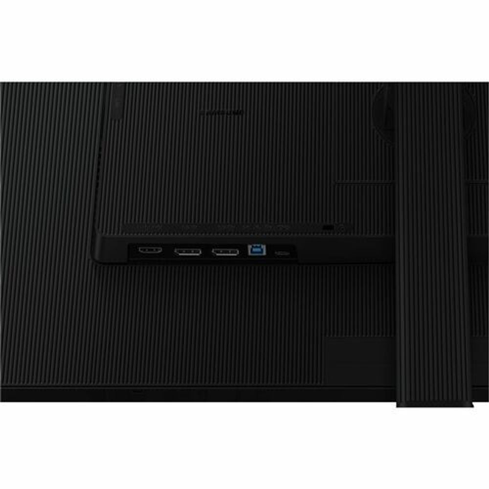 Black monitor back with USB-C and HDMI ports along the bottom edge.
