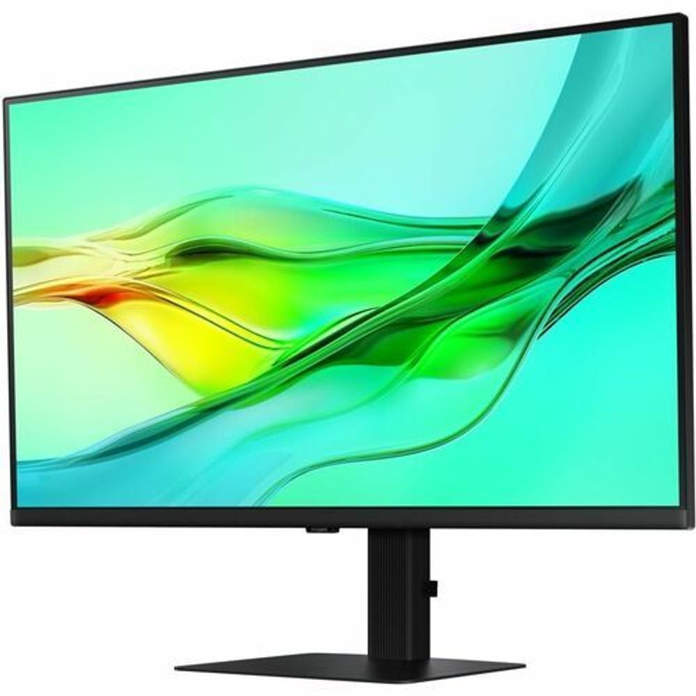Black monitor on stand, front view with abstract green-yellow wave display.