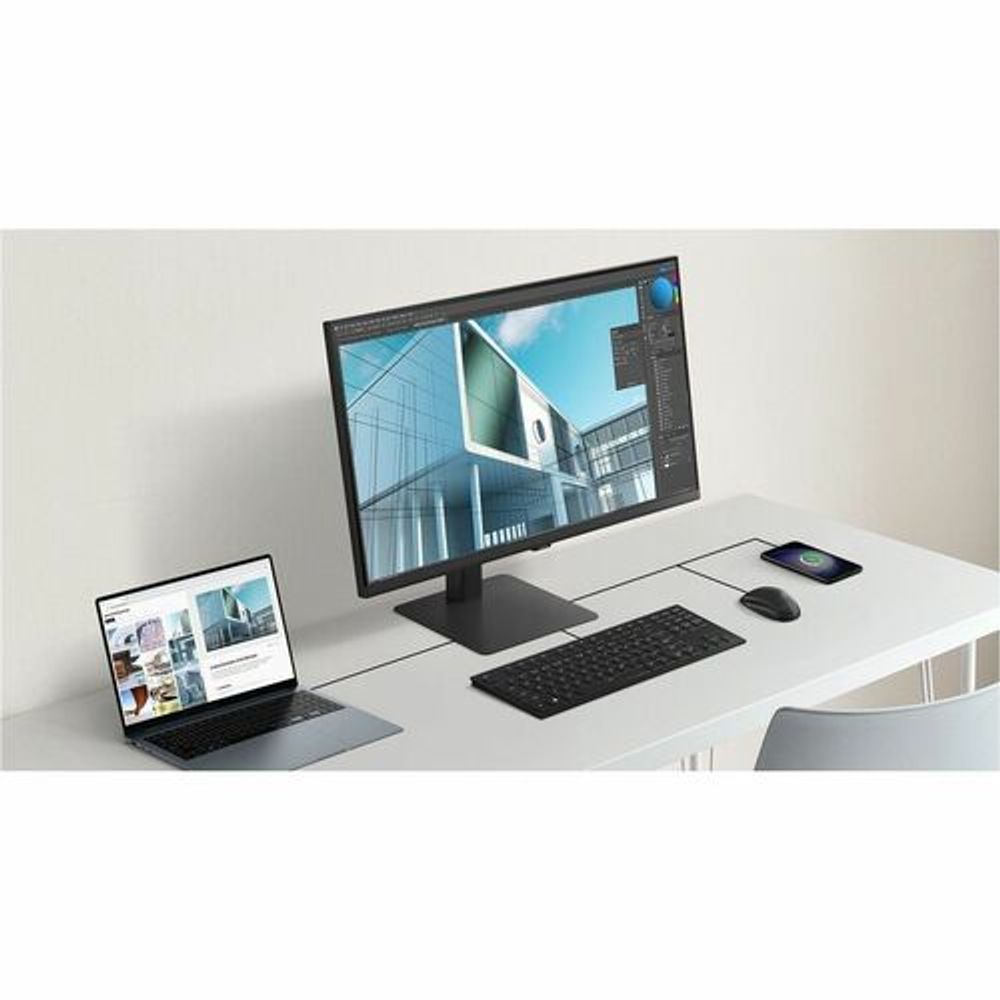 32-inch ViewFinity S6 QHD monitor on a desk with keyboard and mouse