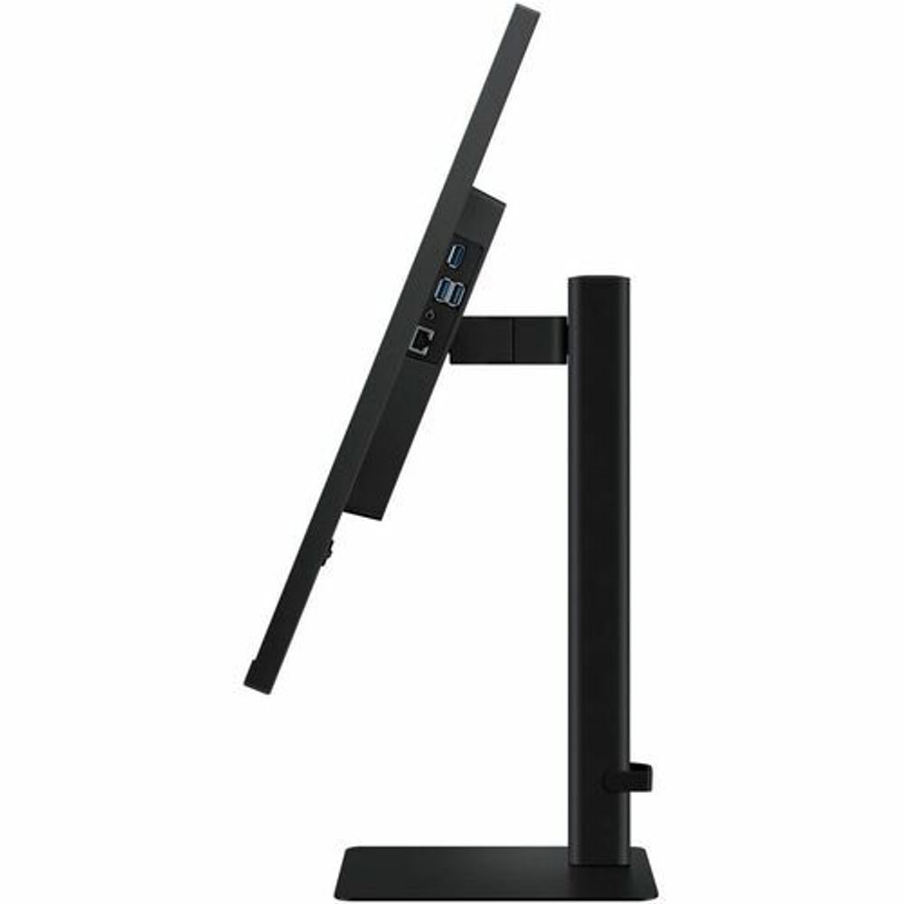 Black monitor stand angled view with ports panel on the rear side.