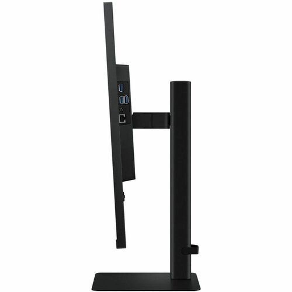 Black monitor stand with rear I/O ports panel visible from the side.