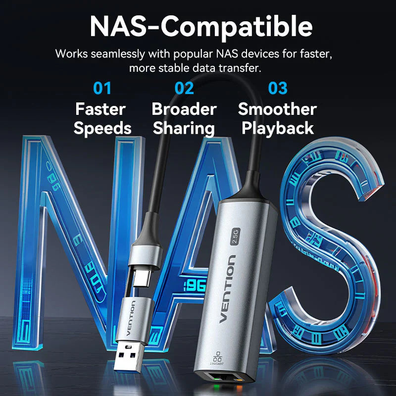 Vention USB-C + USB-A to 2.5 Gigabit Ethernet Adapter 0.15M Gray Aluminum Alloy Type