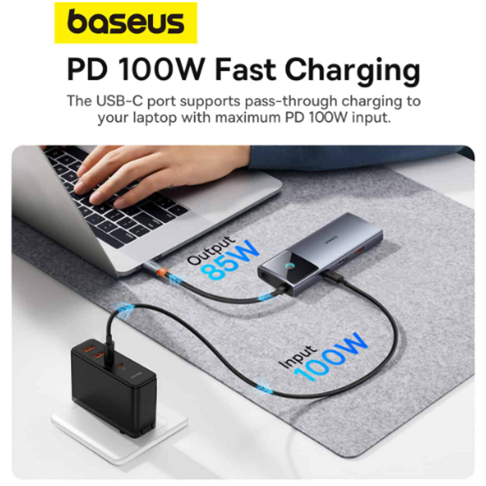 Space grey USB-C hub supporting 100W PD fast charging with braided cable