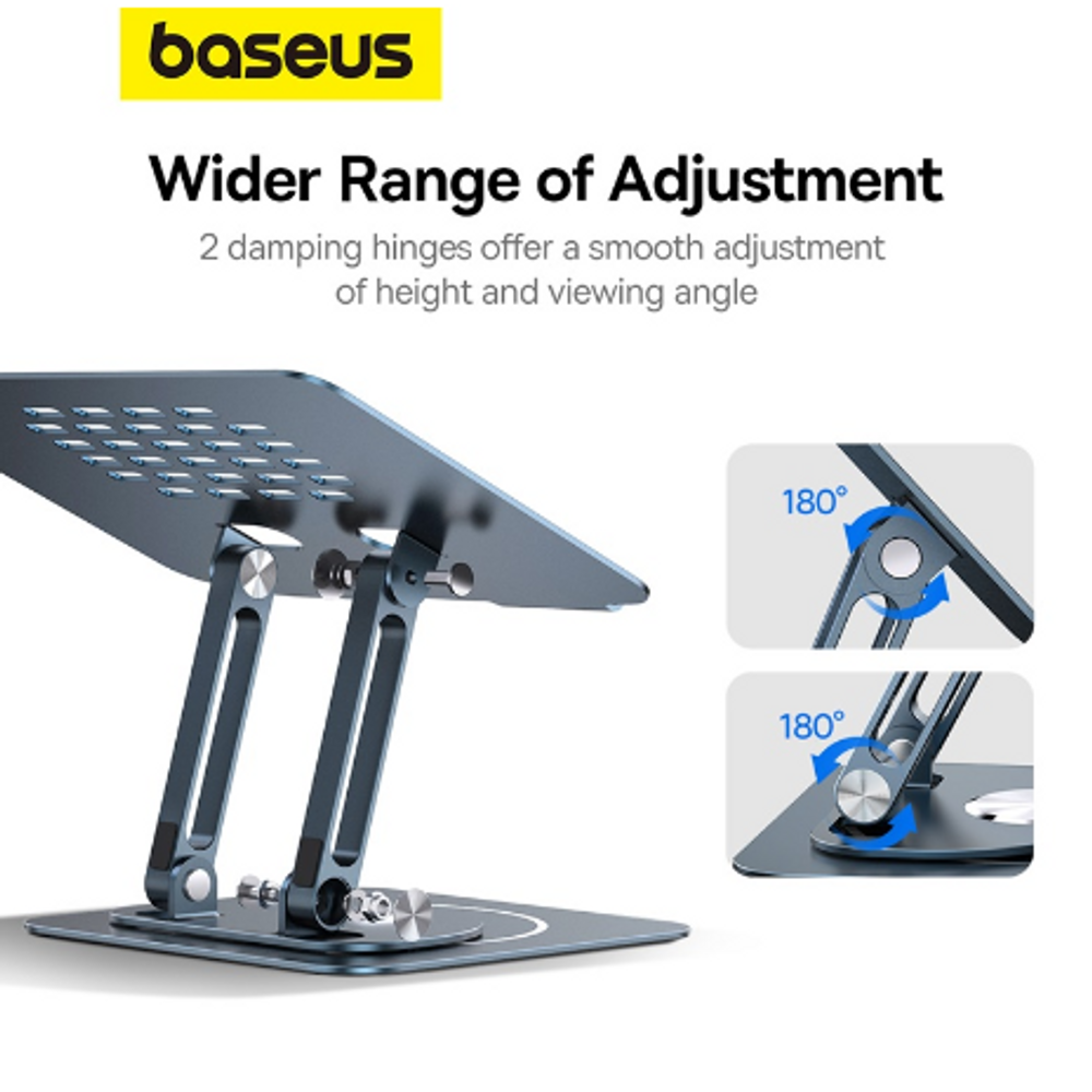 Space grey laptop stand with damping hinge joints and vented top plate