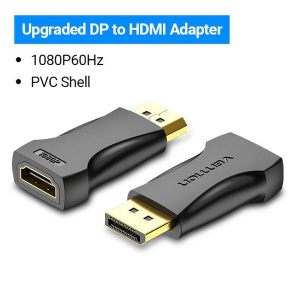 Black DP to HDMI adapter with gold ports and molded PVC shell, two connector ends