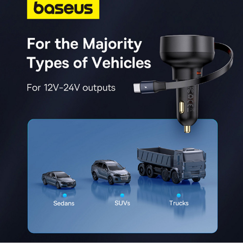 Black car charger with retractable USB cable and dual charging ports
