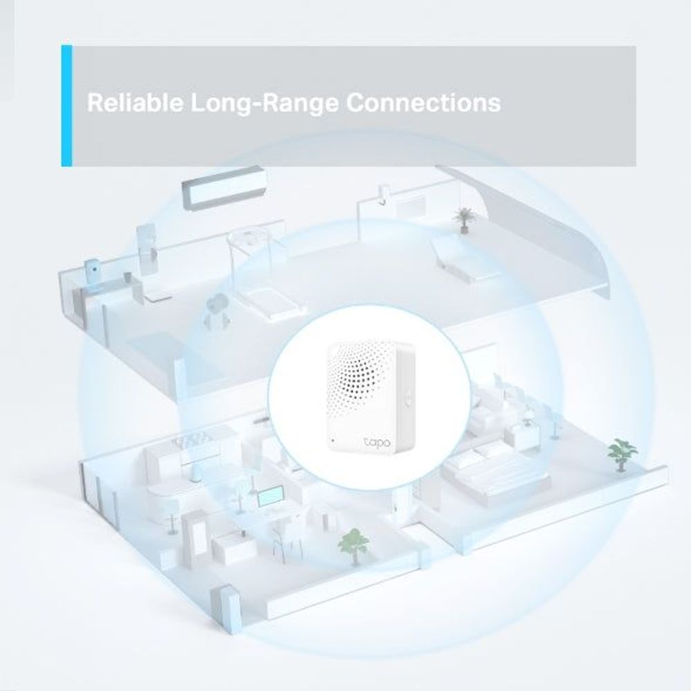 White Tapo smart IoT hub with chime, long-range connection glow over home layout graphic