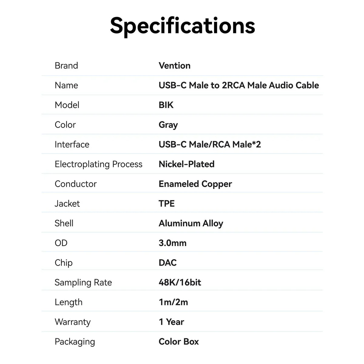 Vention USB-C Male to 2RCA Male with DAC Audio Cable 1M Gray
