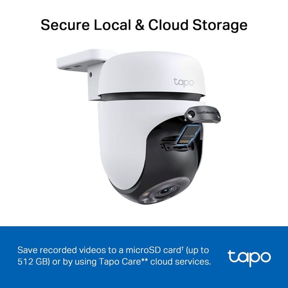 TP-Link Tapo outdoor pan-tilt security WiFi camera, white dome with black lens, angled