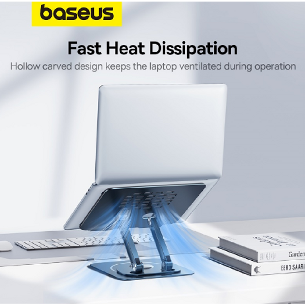 Space grey laptop cooling stand with ventilated platform for airflow