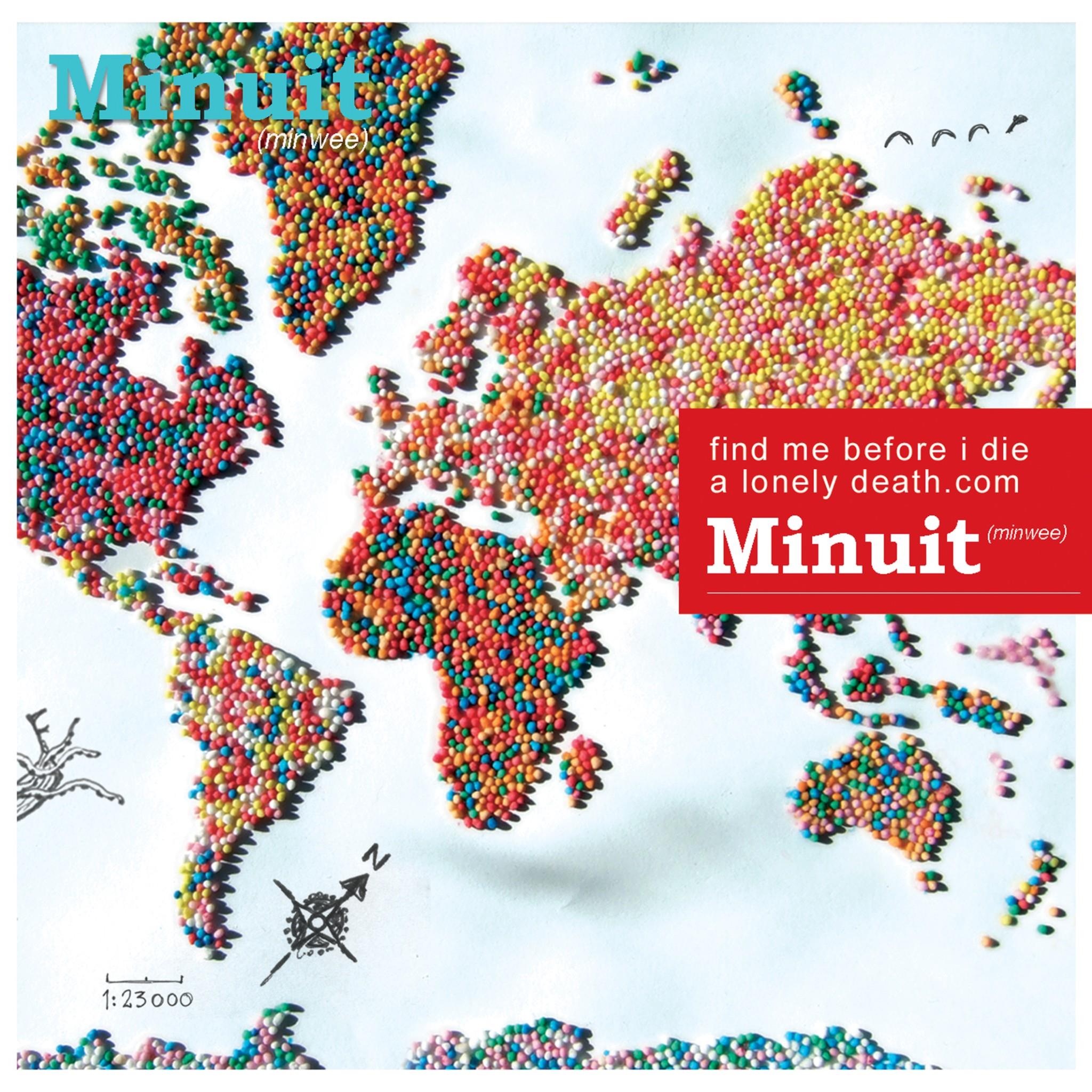 Music album cover with colorful bead-like world map and Minuit branding