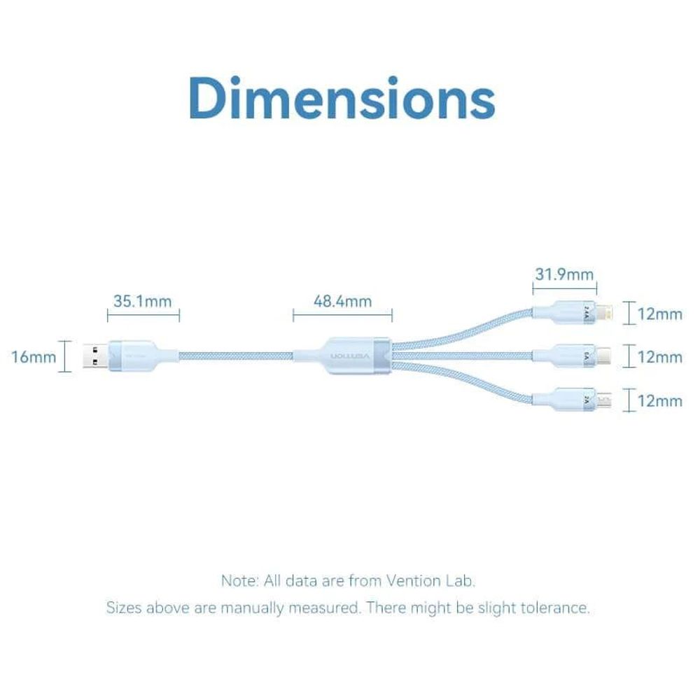Vention USB 2.0 A Male to 3-in-1 USB-C & Lightning & Micro-B Male 6A Cable Aluminum Alloy Type