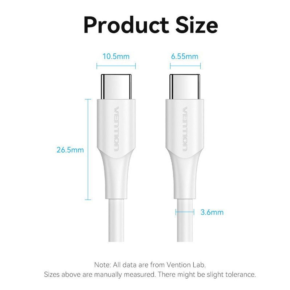 White USB-C male to male cable connectors with product size measurements
