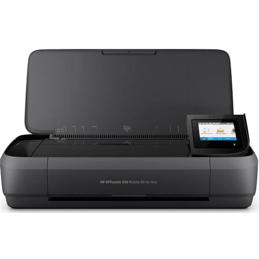 Portable all-in-one inkjet printer with front touchscreen display, dark gray body