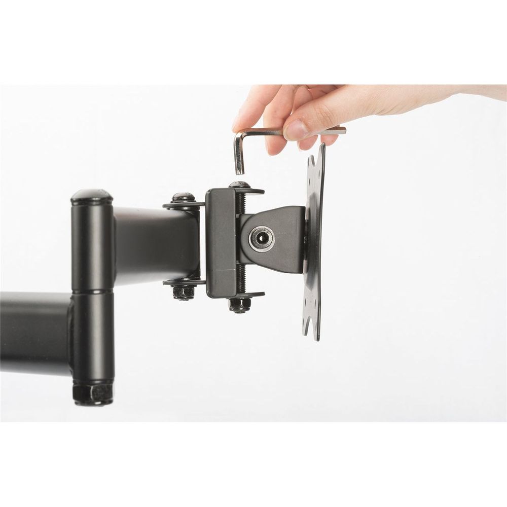 Dual monitor stand clamp mount being installed by hand, black VESA plate