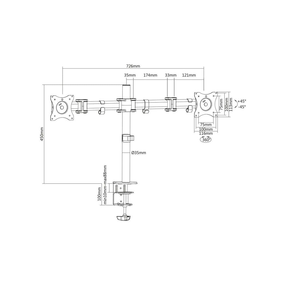 Dual monitor stand with clamp base, dimension diagram with measurements and reach