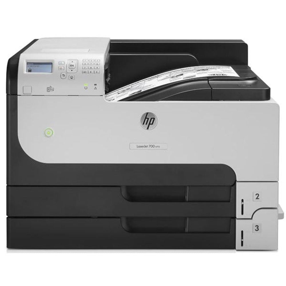 HP LaserJet Enterprise mono laser printer with front control panel and paper trays